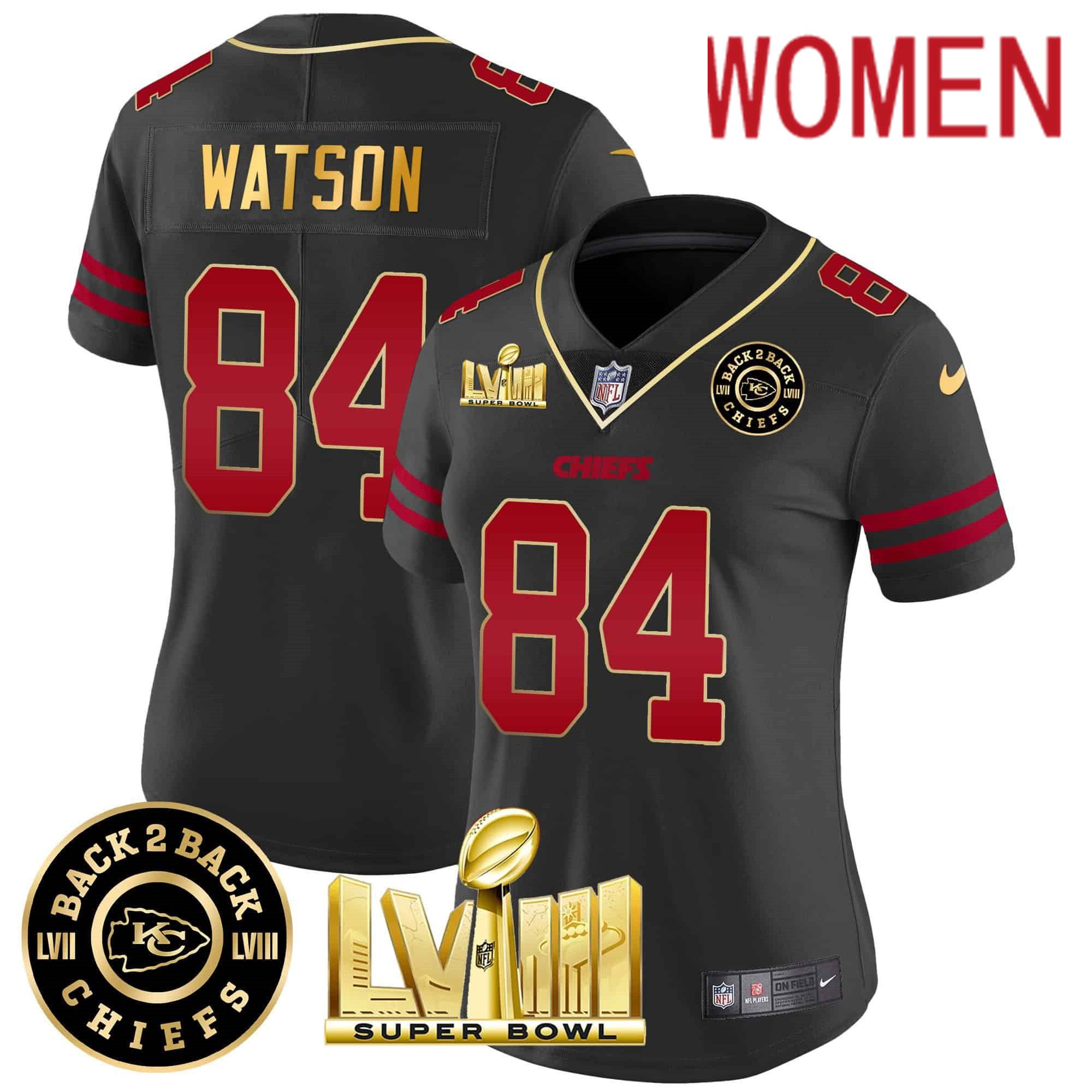 Women Kansas City Chiefs #84 Watson Black 2024 Nike Super Bowl LVIII & Back-2-Back Patch Vapor NFL Jersey style 1